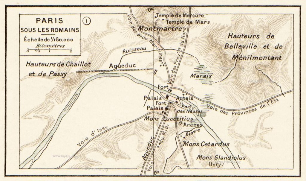Maps of Paris (Paris sous les Romains) from Atlas General Histoire et Geographie by Paul Vidal de La Blache via Wikipedia