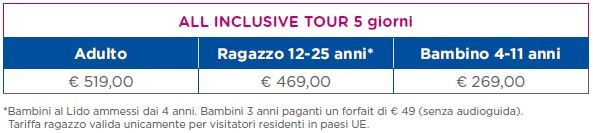 tabella prezzi all inclusive tour